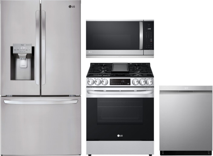 LG 4 Piece Kitchen Appliances Package with French Door Refrigerator, Gas Range, Dishwasher and Over the Range Microwave in Stainless Steel LGRERADWMW2