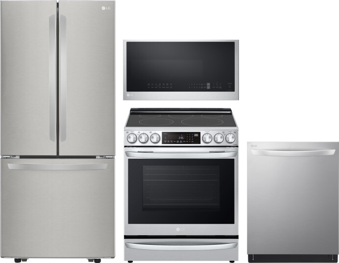LG 4 Piece Kitchen Appliances Package with French Door Refrigerator, Electric Range, Dishwasher and Over the Range Microwave in Stainless Steel LGRERA