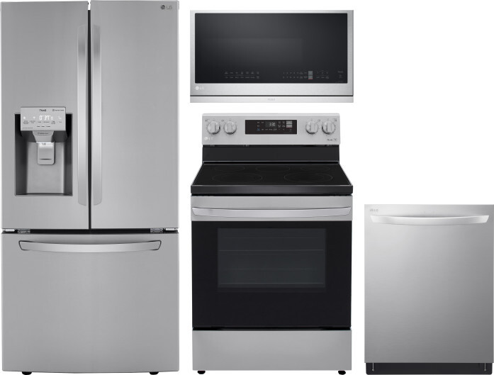 LG 4 Piece Kitchen Appliances Package with French Door Refrigerator, Electric Range, Dishwasher and Over the Range Microwave in Stainless Steel LGRERA