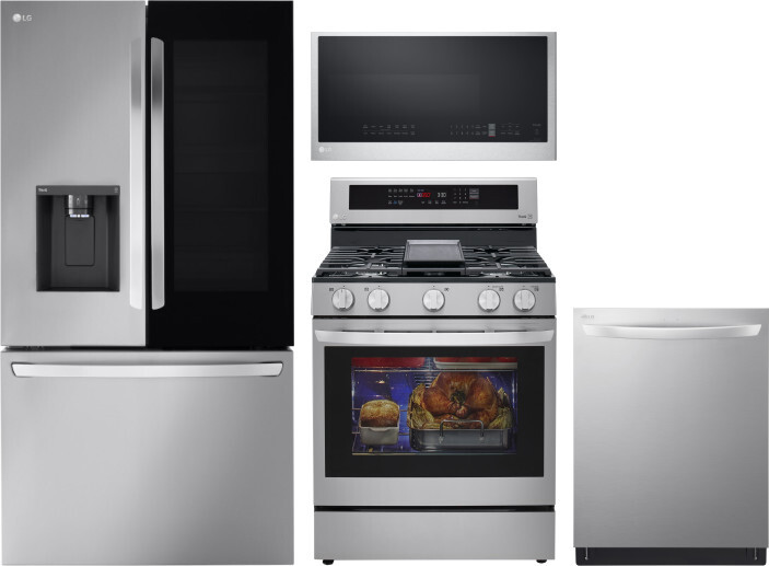 LG 4 Piece Kitchen Appliances Package with French Door Refrigerator, Gas Range, Dishwasher and Over the Range Microwave in Stainless Steel LGRERADWMW2