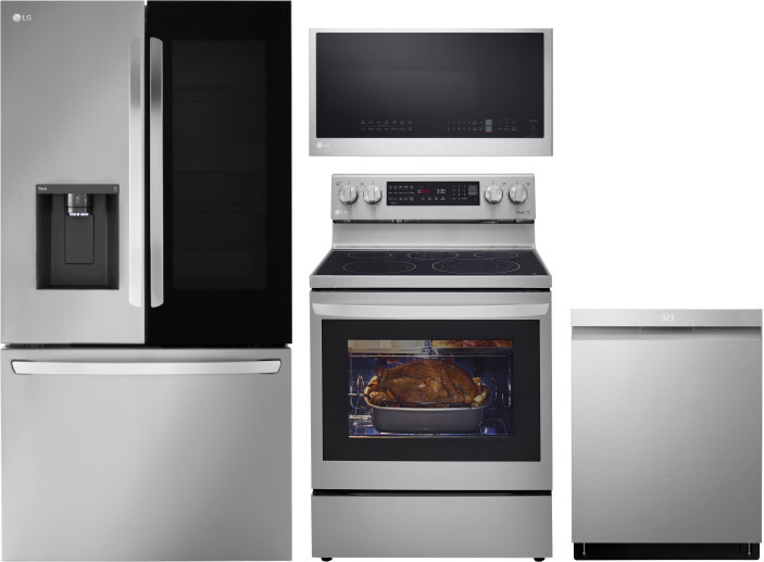 LG 4 Piece Kitchen Appliances Package with French Door Refrigerator, Electric Range, Dishwasher and Over the Range Microwave in Stainless Steel LGRERA