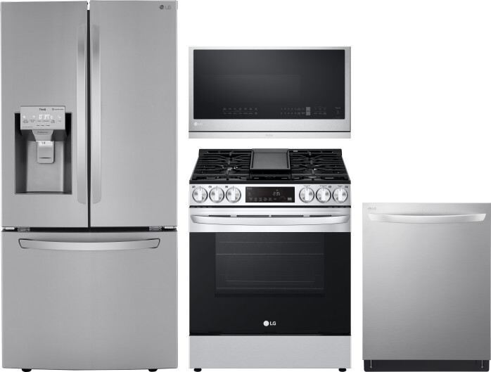 LG 4 Piece Kitchen Appliances Package with French Door Refrigerator, Gas Range, Dishwasher and Over the Range Microwave in Stainless Steel LGRERADWMW2