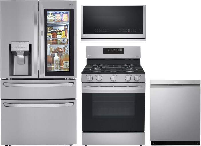 LG 4 Piece Kitchen Appliances Package with French Door Refrigerator, Gas Range, Dishwasher and Over the Range Microwave in Stainless Steel LGRERADWMW2