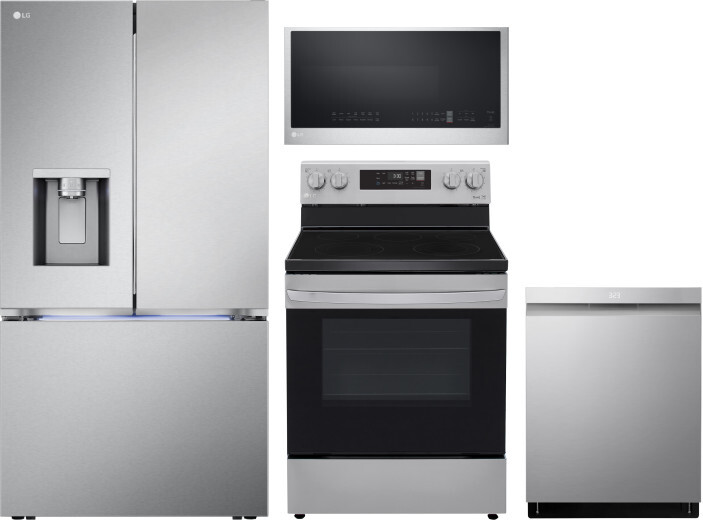 LG 4 Piece Kitchen Appliances Package with French Door Refrigerator, Electric Range, Dishwasher and Over the Range Microwave in Stainless Steel LGRERA