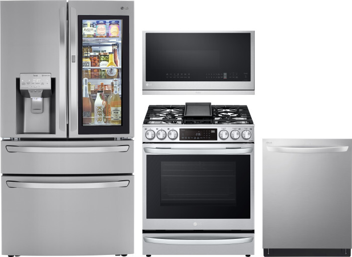 LG 4 Piece Kitchen Appliances Package with French Door Refrigerator, Gas Range, Dishwasher and Over the Range Microwave in Stainless Steel LGRERADWMW2