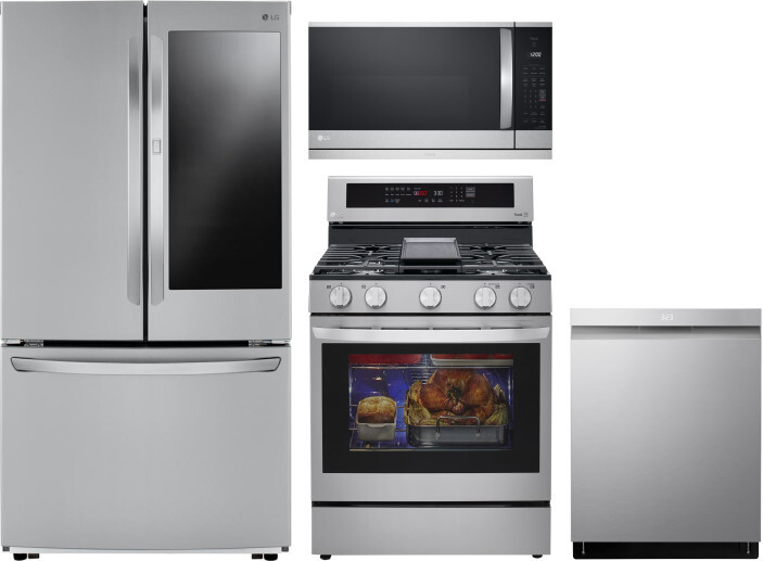 LG 4 Piece Kitchen Appliances Package with French Door Refrigerator, Gas Range, Dishwasher and Over the Range Microwave in Stainless Steel LGRERADWMW2