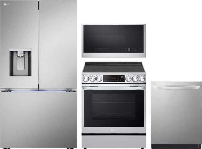 LG 4 Piece Kitchen Appliances Package with French Door Refrigerator, Electric Range, Dishwasher and Over the Range Microwave in Stainless Steel LGRERA