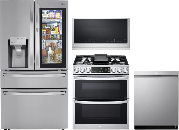 LG 4 Piece Kitchen Appliances Package with French Door Refrigerator, Gas Range, Dishwasher and Over the Range Microwave in Stainless Steel LGRERADWMW2