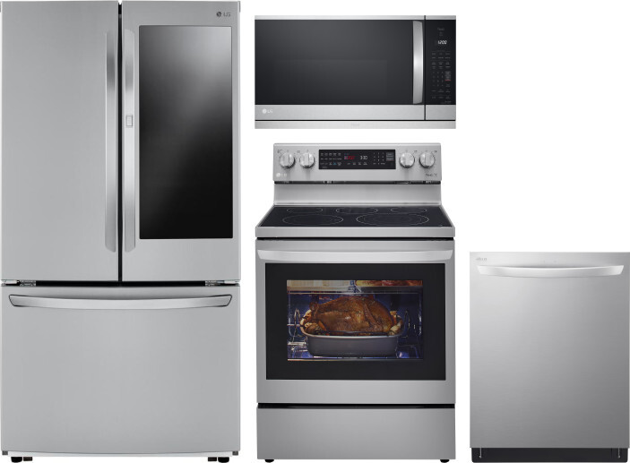 LG 4 Piece Kitchen Appliances Package with French Door Refrigerator, Electric Range, Dishwasher and Over the Range Microwave in Stainless Steel LGRERA