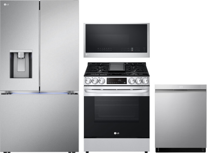 LG 4 Piece Kitchen Appliances Package with French Door Refrigerator, Gas Range, Dishwasher and Over the Range Microwave in Stainless Steel LGRERADWMW2