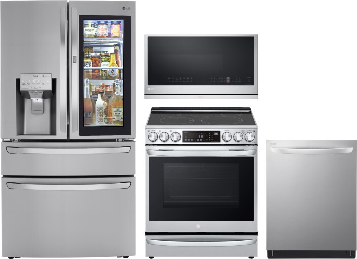LG 4 Piece Kitchen Appliances Package with French Door Refrigerator, Electric Range, Dishwasher and Over the Range Microwave in Stainless Steel LGRERA