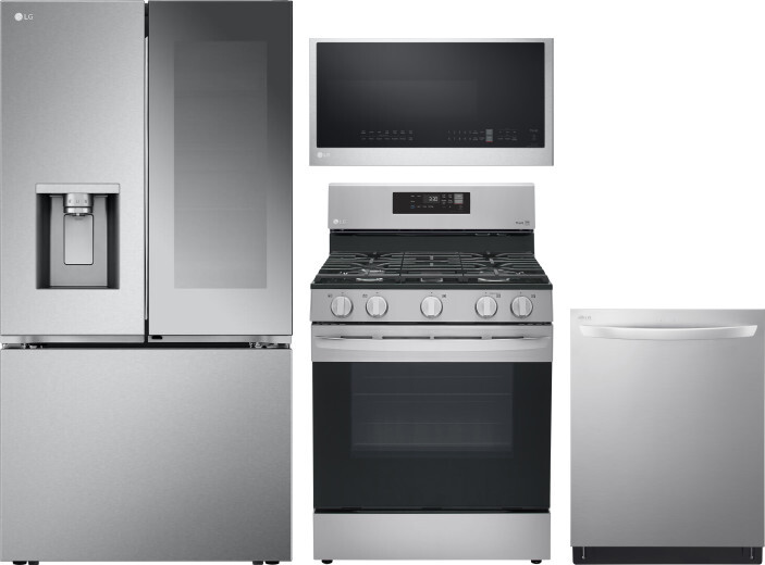 LG 4 Piece Kitchen Appliances Package with French Door Refrigerator, Gas Range, Dishwasher and Over the Range Microwave in Stainless Steel LGRERADWMW2
