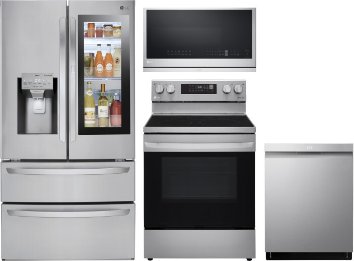 LG 4 Piece Kitchen Appliances Package with French Door Refrigerator, Electric Range, Dishwasher and Over the Range Microwave in Stainless Steel LGRERA