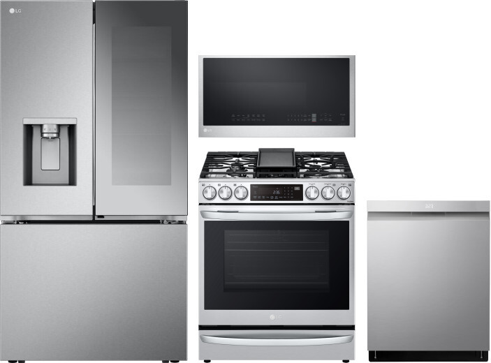 LG 4 Piece Kitchen Appliances Package with French Door Refrigerator, Gas Range, Dishwasher and Over the Range Microwave in Stainless Steel LGRERADWMW2