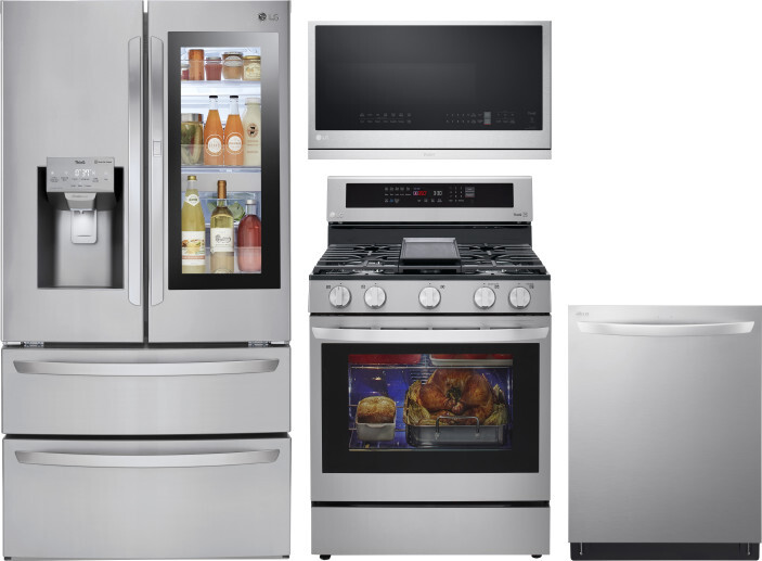 LG 4 Piece Kitchen Appliances Package with French Door Refrigerator, Gas Range, Dishwasher and Over the Range Microwave in Stainless Steel LGRERADWMW2