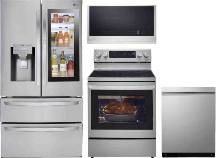LG 4 Piece Kitchen Appliances Package with French Door Refrigerator, Electric Range, Dishwasher and Over the Range Microwave in Stainless Steel LGRERA