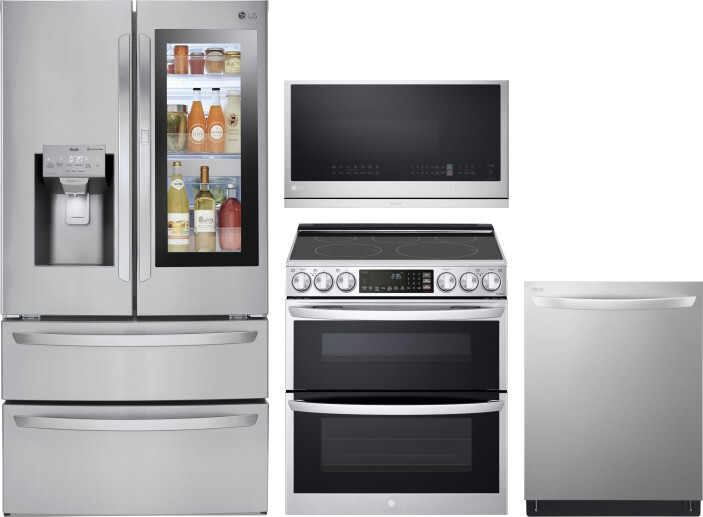 LG 4 Piece Kitchen Appliances Package with French Door Refrigerator, Electric Range, Dishwasher and Over the Range Microwave in Stainless Steel LGRERA