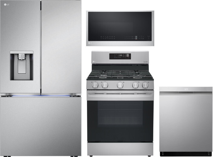 LG 4 Piece Kitchen Appliances Package with French Door Refrigerator, Gas Range, Dishwasher and Over the Range Microwave in Stainless Steel LGRERADWMW2