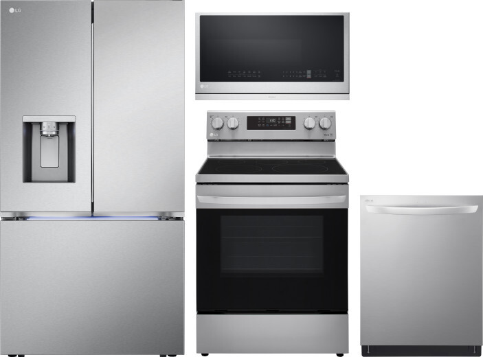 LG 4 Piece Kitchen Appliances Package with French Door Refrigerator, Electric Range, Dishwasher and Over the Range Microwave in Stainless Steel LGRERA