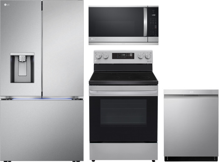 LG 4 Piece Kitchen Appliances Package with French Door Refrigerator, Electric Range, Dishwasher and Over the Range Microwave in Stainless Steel LGRERA