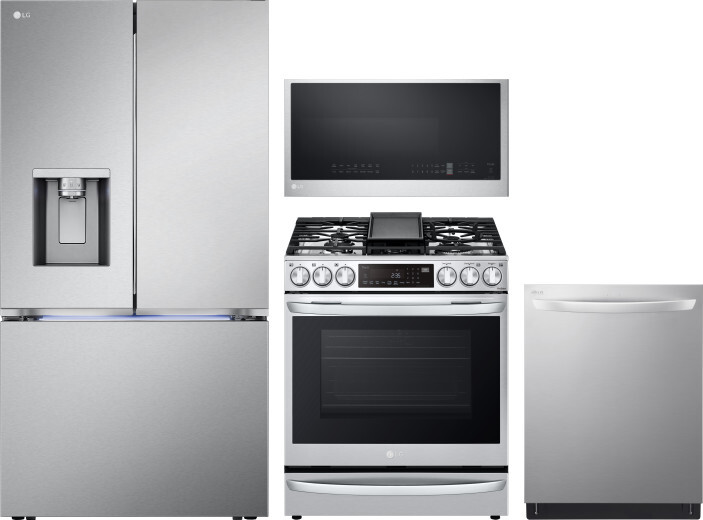 LG 4 Piece Kitchen Appliances Package with French Door Refrigerator, Gas Range, Dishwasher and Over the Range Microwave in Stainless Steel LGRERADWMW2