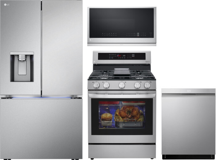 LG 4 Piece Kitchen Appliances Package with French Door Refrigerator, Gas Range, Dishwasher and Over the Range Microwave in Stainless Steel LGRERADWMW2