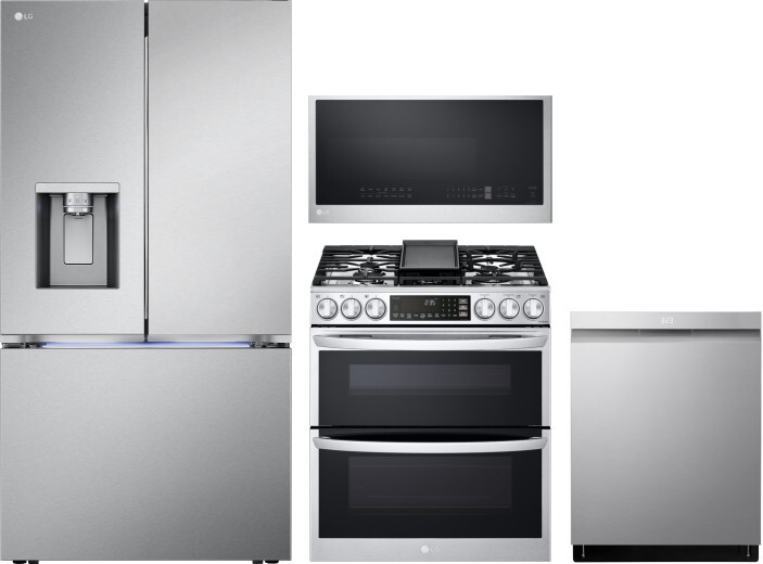 LG 4 Piece Kitchen Appliances Package with French Door Refrigerator, Gas Range, Dishwasher and Over the Range Microwave in Stainless Steel LGRERADWMW2