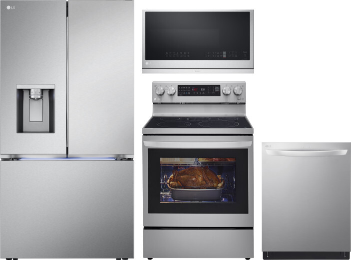 LG 4 Piece Kitchen Appliances Package with French Door Refrigerator, Electric Range, Dishwasher and Over the Range Microwave in Stainless Steel LGRERA