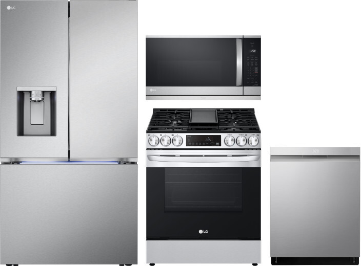 LG 4 Piece Kitchen Appliances Package with French Door Refrigerator, Gas Range, Dishwasher and Over the Range Microwave in Stainless Steel LGRERADWMW2