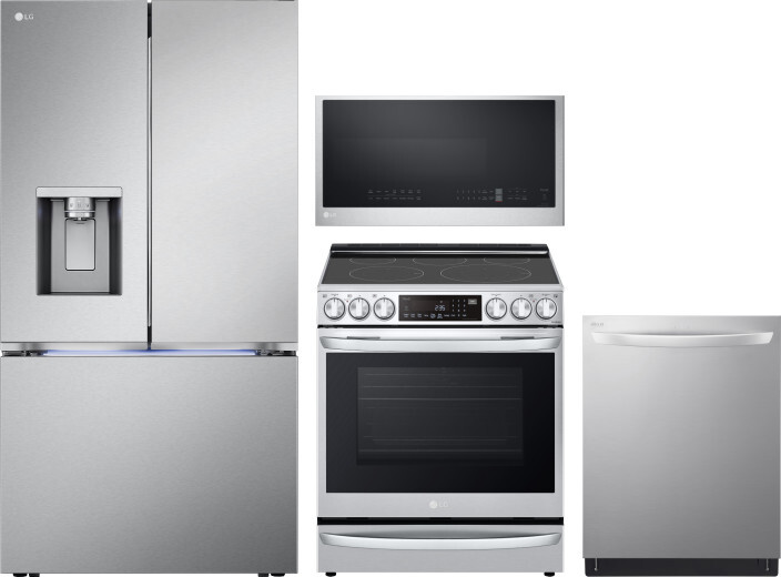 LG 4 Piece Kitchen Appliances Package with French Door Refrigerator, Electric Range, Dishwasher and Over the Range Microwave in Stainless Steel LGRERA