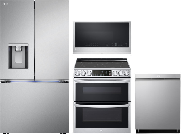 LG 4 Piece Kitchen Appliances Package with French Door Refrigerator, Electric Range, Dishwasher and Over the Range Microwave in Stainless Steel LGRERA