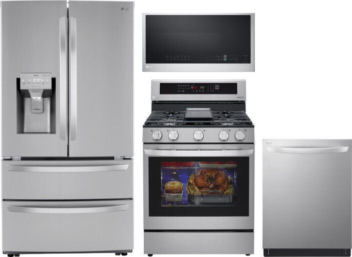 LG 4 Piece Kitchen Appliances Package with French Door Refrigerator, Gas Range, Dishwasher and Over the Range Microwave in Stainless Steel LGRERADWMW2