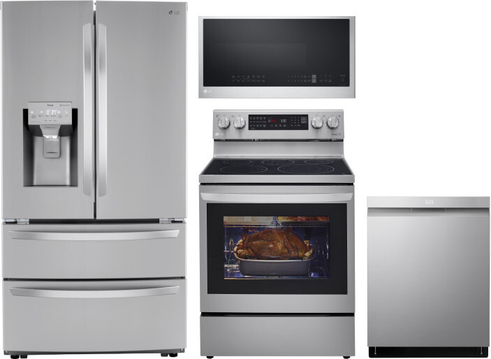 LG 4 Piece Kitchen Appliances Package with French Door Refrigerator, Electric Range, Dishwasher and Over the Range Microwave in Stainless Steel LGRERA
