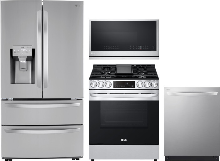 LG 4 Piece Kitchen Appliances Package with French Door Refrigerator, Gas Range, Dishwasher and Over the Range Microwave in Stainless Steel LGRERADWMW2