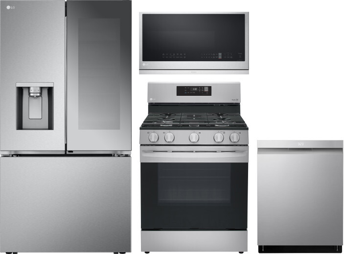LG 4 Piece Kitchen Appliances Package with French Door Refrigerator, Gas Range, Dishwasher and Over the Range Microwave in Stainless Steel LGRERADWMW2