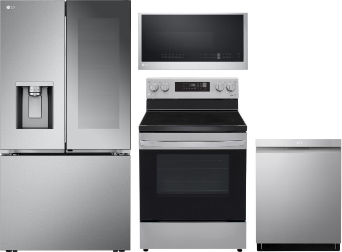 LG 4 Piece Kitchen Appliances Package with French Door Refrigerator, Electric Range, Dishwasher and Over the Range Microwave in Stainless Steel LGRERA