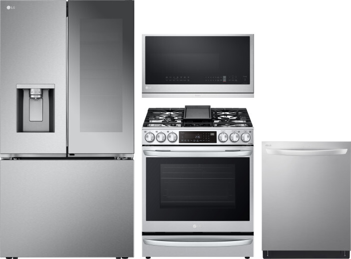 LG 4 Piece Kitchen Appliances Package with French Door Refrigerator, Gas Range, Dishwasher and Over the Range Microwave in Stainless Steel LGRERADWMW2