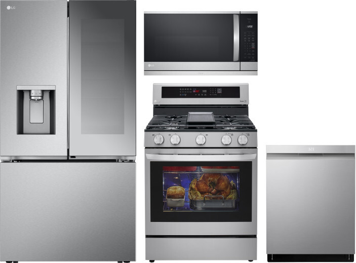 LG 4 Piece Kitchen Appliances Package with French Door Refrigerator, Gas Range, Dishwasher and Over the Range Microwave in Stainless Steel LGRERADWMW2