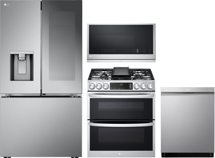 LG 4 Piece Kitchen Appliances Package with French Door Refrigerator, Gas Range, Dishwasher and Over the Range Microwave in Stainless Steel LGRERADWMW2