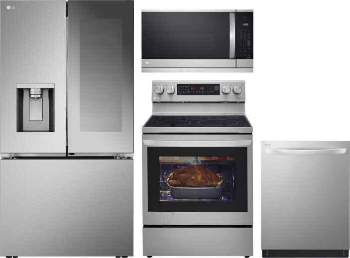 LG 4 Piece Kitchen Appliances Package with French Door Refrigerator, Electric Range, Dishwasher and Over the Range Microwave in Stainless Steel LGRERA