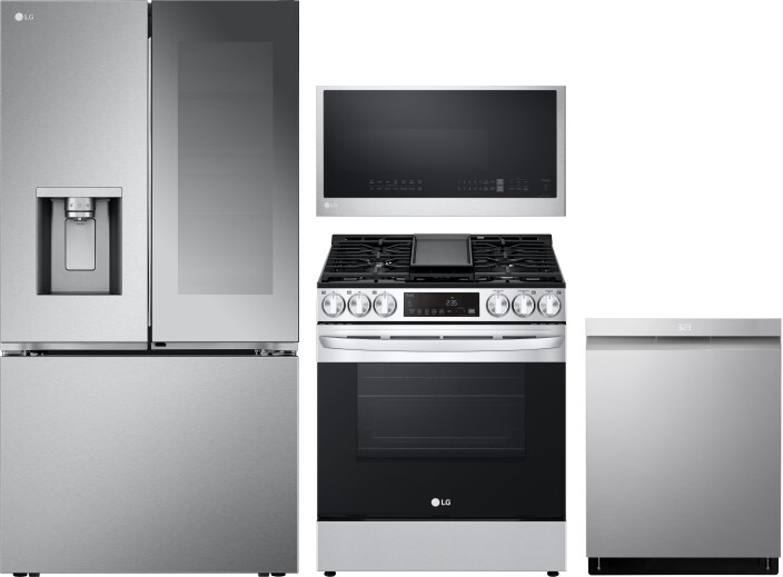 LG 4 Piece Kitchen Appliances Package with French Door Refrigerator, Gas Range, Dishwasher and Over the Range Microwave in Stainless Steel LGRERADWMW2