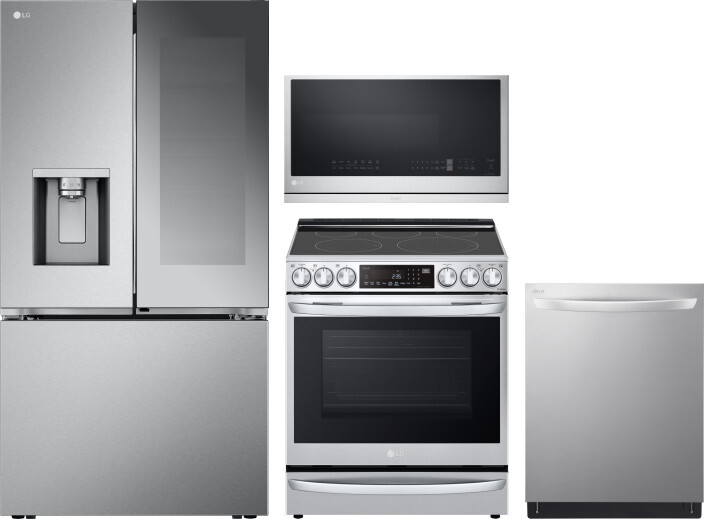 LG 4 Piece Kitchen Appliances Package with French Door Refrigerator, Electric Range, Dishwasher and Over the Range Microwave in Stainless Steel LGRERA