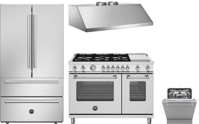 Bertazzoni 4 Piece Kitchen Appliances Package with French Door Refrigerator, Gas Range and Dishwasher in Stainless Steel BERERADWRH1153