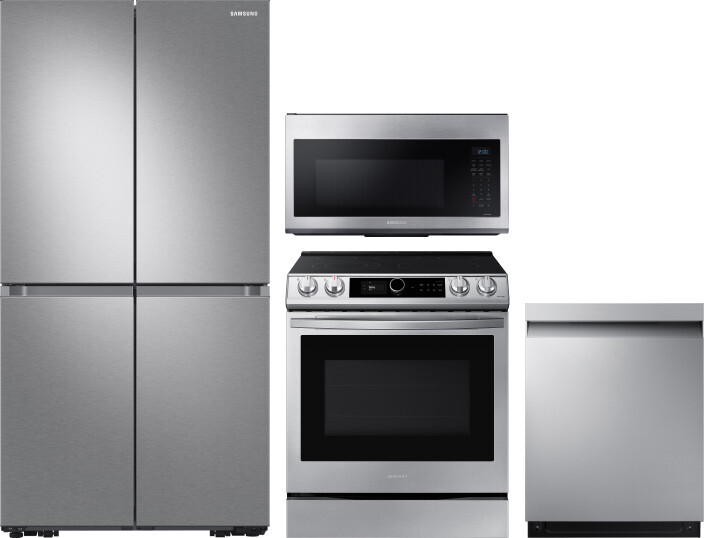 Samsung 4 Piece Kitchen Appliances Package with French Door Refrigerator, Electric Range, Dishwasher and Over the Range Microwave in Stainless Steel S