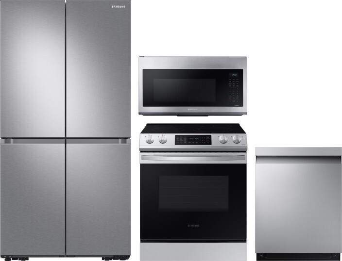 Samsung 4 Piece Kitchen Appliances Package with French Door Refrigerator, Electric Range, Dishwasher and Over the Range Microwave in Stainless Steel S