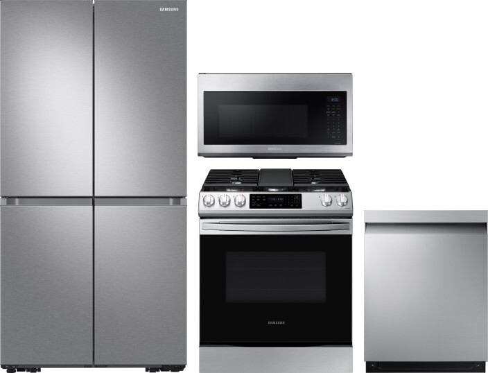 Samsung 4 Piece Kitchen Appliances Package with French Door Refrigerator, Gas Range, Dishwasher and Over the Range Microwave in Stainless Steel SARERA