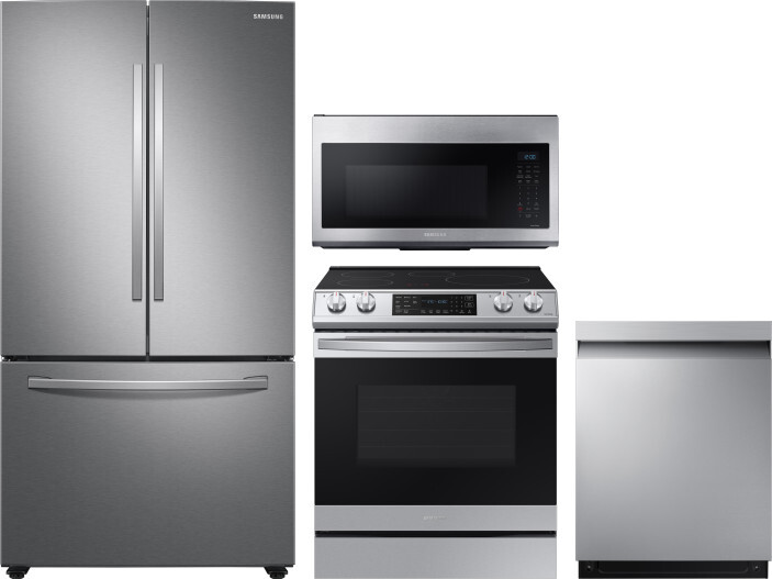 Samsung 4 Piece Kitchen Appliances Package with French Door Refrigerator, Induction Range, Dishwasher and Over the Range Microwave in Stainless Steel 