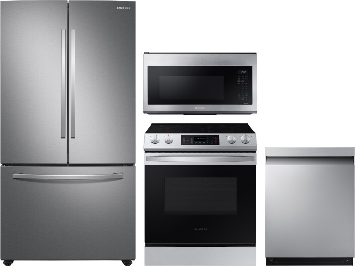 Samsung 4 Piece Kitchen Appliances Package with French Door Refrigerator, Electric Range, Dishwasher and Over the Range Microwave in Stainless Steel S