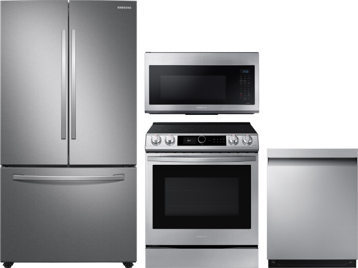 Samsung 4 Piece Kitchen Appliances Package with French Door Refrigerator, Electric Range, Dishwasher and Over the Range Microwave in Stainless Steel S
