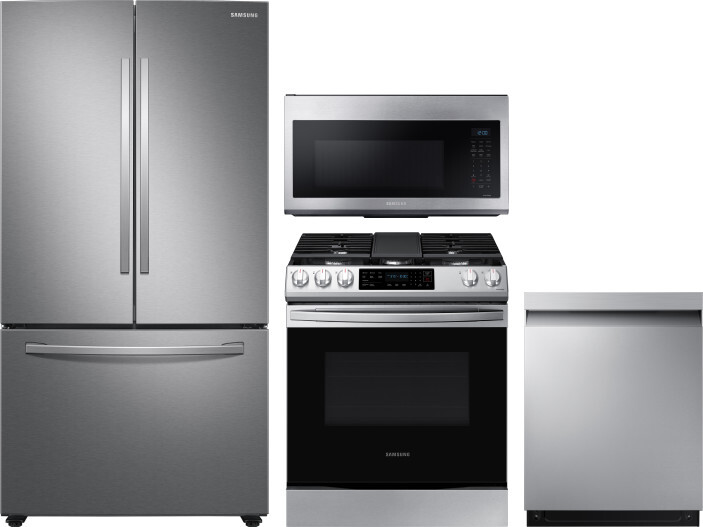 Samsung 4 Piece Kitchen Appliances Package with French Door Refrigerator, Gas Range, Dishwasher and Over the Range Microwave in Stainless Steel SARERA